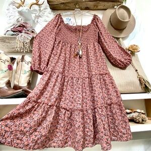 Balloon sleeves prairie dusty rose boho floral tiered dress country peasant vibe